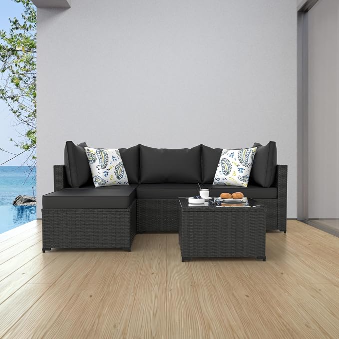 Patio Furniture Set, 5PCS Patio Sectional with Ottoman Wicker Rattan Outdoor Furniture with Thickened Cushion Modular Wicker Patio Conversation Set with Glass Top Table for Balcony(Black)