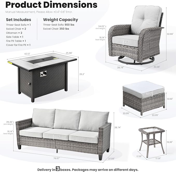 ovios 7 Pieces Patio Furniture Set, Outdoor Wicker Sofa Couch with Swivel Glider Chairs Fire Pit Table, Modern Deep Seat Rattan Conversation Sets for Deck Porch, Grey