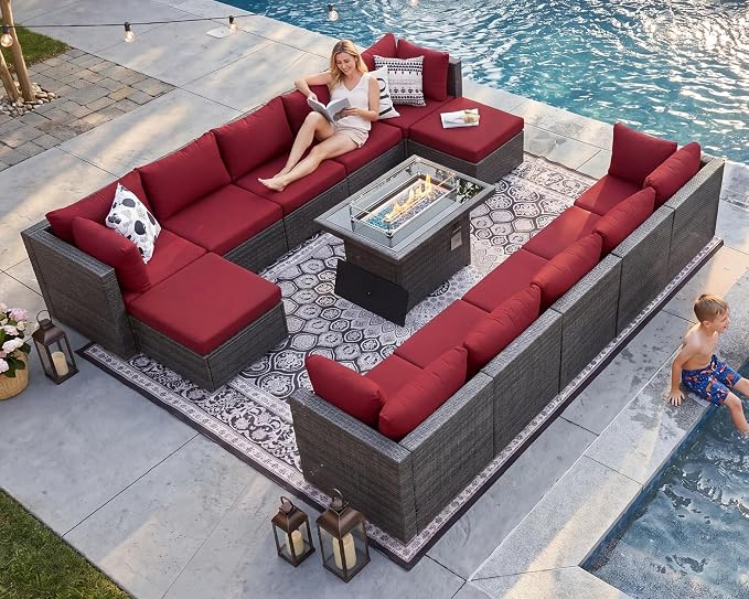 NICESOUL 13 Piece Patio Furniture w/Fireplace, Elegant Outdoor Seating w/Firepit, XL Size 29.3'' High Back Sectional Sofa, All-Weather Rattan Deck Couch, Modular Sturdy Conversation Set, Gray & Red