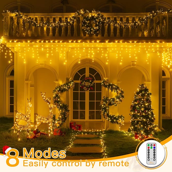 Ollny Icicle Lights for Outside 1000LED 82FT, Warm White Christmas Light with Remote 8Modes Timers Waterproof Dimmable, Plug in Hanging Lights for Outdoor Indoor House Roof Holiday