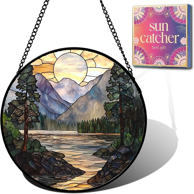Birthday Gifts for Women - Sunset Mountain Landscape Faux Stained Glass Window Hanging Sun Catcher Mother's Day for Mom Nana Friend Grandma Wife and Door Garden Acrylic Decor 9.8"