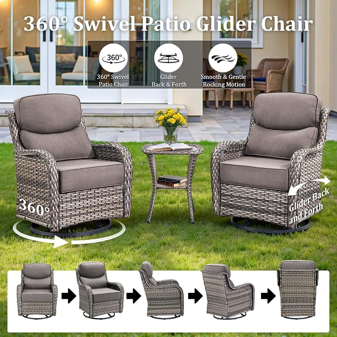 Luxury High Back Patio Furniture Set with Fire Pit Table and 6-Inch Thick Cushions, 5-Pieces Outdoor Furniture w/ 4 Swivel Chairs, Wicker Conversation Set for Porch, Balcony, Deck and Yard, Grey