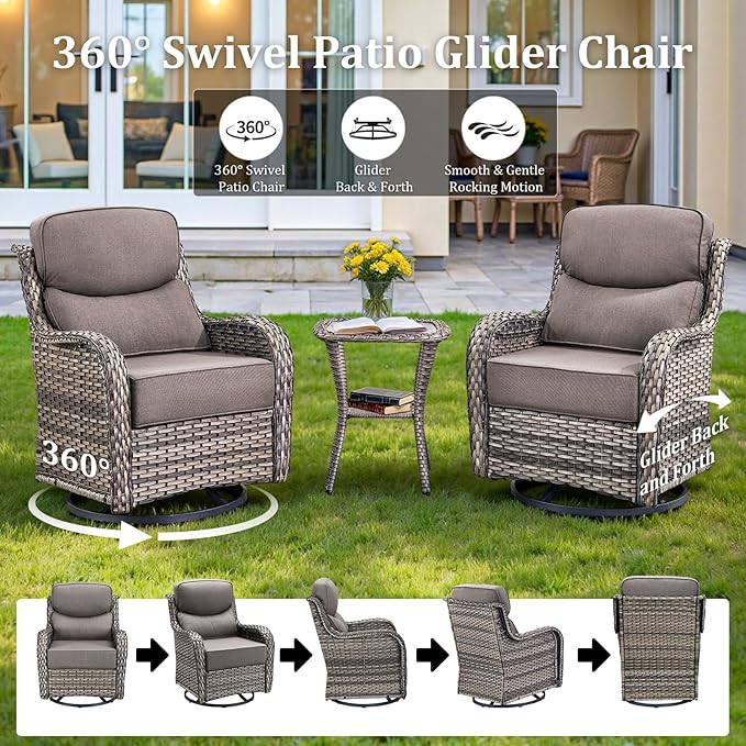 Luxury Patio Furniture Set with 42.5" Fire Pit Table, 6 Pieces High Back All Weather Wicker Outdoor Furniture w/ 6-Inch Thick Cushions, Patio Swivel Chairs Couch for Deck Balcony Backyard Grey