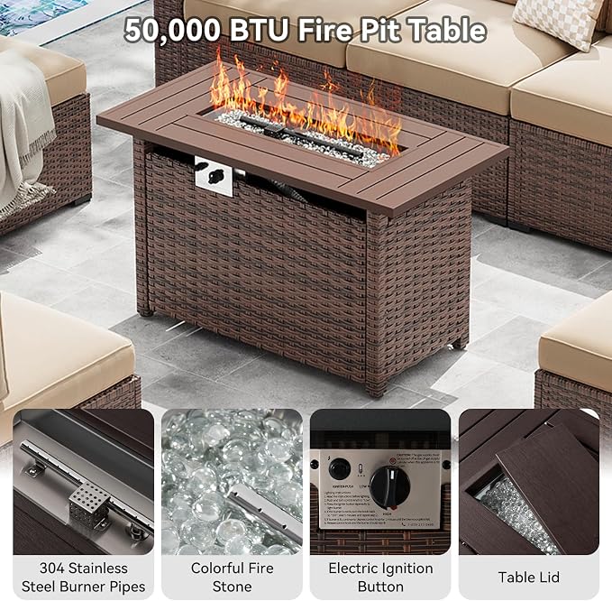 LazySunsets 8-Piece Patio Furniture Set with 44" Fire Pit Table, Wicker Outdoor Furniture, Patio Conversation Sets with Coffee Table, Outdoor Sectional Couch, Beige