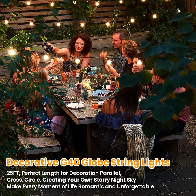 25FT Outdoor G40 LED Globe String Lights Waterproof Shatterproof | Light Strings with 13 Bulbs Connectable Commercial Dimmable Hanging Lights for Christmas Patio House Backyard Balcony Party