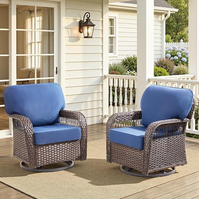 2 PCS Patio Swivel Rocking Chairs, Outdoor Wicker Furniture Set with 5-Inch Thick Olefin Cushions, 360° Swivel Rocker Patio Chairs for Garden, Porch, Backyard, Blue/Brown Wicker