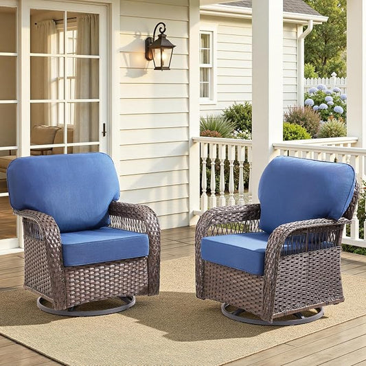 2 PCS Patio Swivel Rocking Chairs, Outdoor Wicker Furniture Set with 5-Inch Thick Olefin Cushions, 360° Swivel Rocker Patio Chairs for Garden, Porch, Backyard, Blue/Brown Wicker