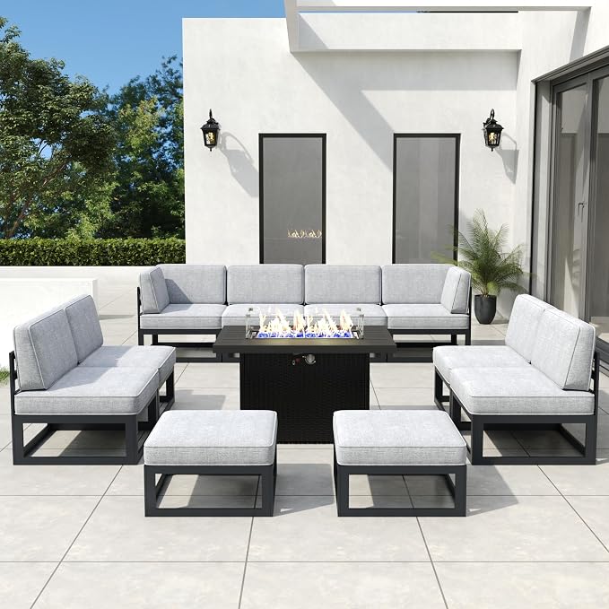 11 Pieces Aluminum Patio Furniture Set with Propane Gas 44" Fire Pit Table, Metal Outdoor Conversation Sofa Set with Seating Cushions