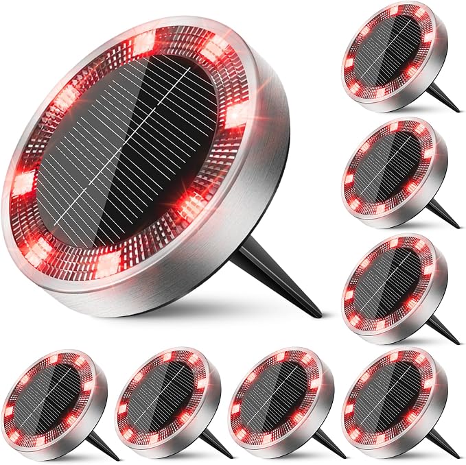 Mini Solar Ground Lights Outdoor, 8 Pack Flat Solar Powered Disc Lights, IP68 Waterproof, Anti-Rust, Landscape Lighting for Pathway Garden Yard Lawn Walkway Landscape Driveway, Red