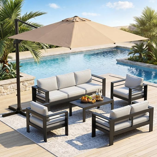 Wisteria Lane 6 Pieces Aluminum Patio Furniture Set with Umbrella, All Weather Oversized Outdoor Furniture Set with Deep Seat and Back Cushion, Patio Conversation Sets Wide armrest, Light Gray & Kahki