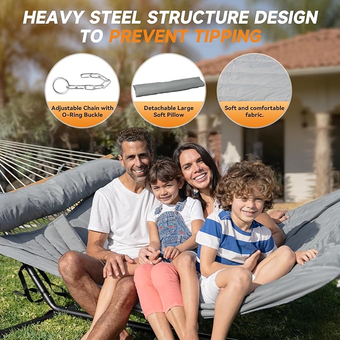Everyfun 2 Person Hammock with Stand, Heavy Duty Double Cotton Rope Hammock with Removable Quilted Pad & Pillow, 500 LBS Adjustable Steel Frame, Tool-Free, Carry Bag for Outside Patio Yard, Urban-Gray
