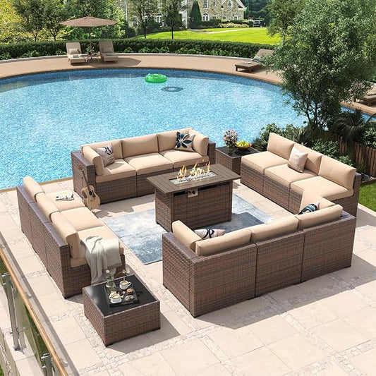 Aoxun 15 Piece Patio Furniture Set with 44” Fire Pit Table Wicker Rattan Outdoor Sectional Sofa Set with Coffee Table and Thickened Cushions, Beige