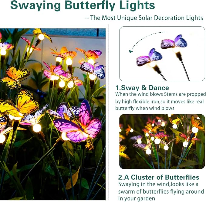 TONULAX Solar Garden Lights - 10 Pack Swaying Butterfly Light, Swaying in The Wind, Solar Outdoor Lights, Yard Patio Pathway Decoration, High Flexibility Iron Wire & Realistic Butterflies