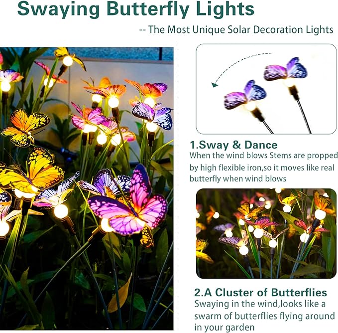 TONULAX Solar Garden Lights - 4 Pack Swaying Butterfly Light, Swaying in The Wind, Solar Outdoor Lights, Yard Patio Pathway Decoration, High Flexibility Iron Wire & Realistic Butterflies