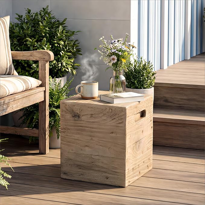 SUNBURY Outdoor Side Table, Faux Wooden Concrete Side Table, Square Lightweight End Table, Patio Accent Stump Stool Decorative for Planter Stand, Deck or Garden, Light Oak
