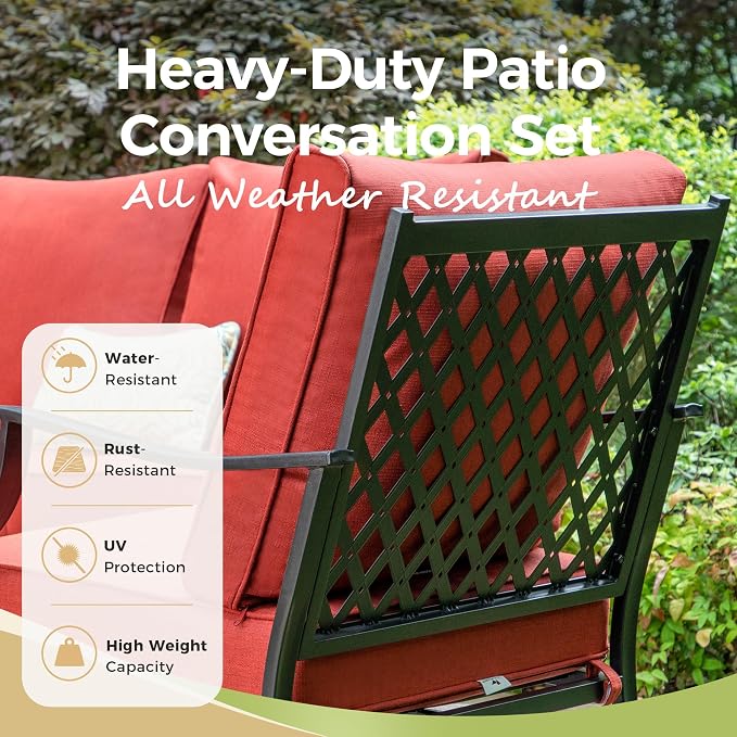 MIXPATIO Patio Furniture Set, 4 Pcs Metal Outdoor Conversation Set, 2 Swivel Chairs and 3 Seater Sofa with 5.75" Extra Thick Cushion and Gas Fire Pit Table for Backyard Deck, Red