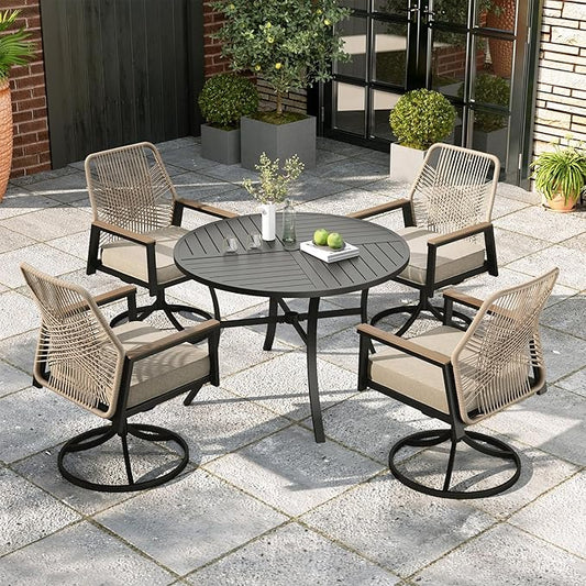 MIXPATIO 5 Pieces Outdoor Patio Dining Set, 42" Round Metal Table with Umbrella Hole, 4 x Swivel Rope Rattan Chairs with 3.2" Cushion for Yard, Porch, Beige