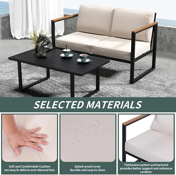 4-Piece Outdoor Patio Set Metal Conversation Deep Seat High Back Sofa with Washable Cushions 2 Chairs Coffee Table for Garden Balcony