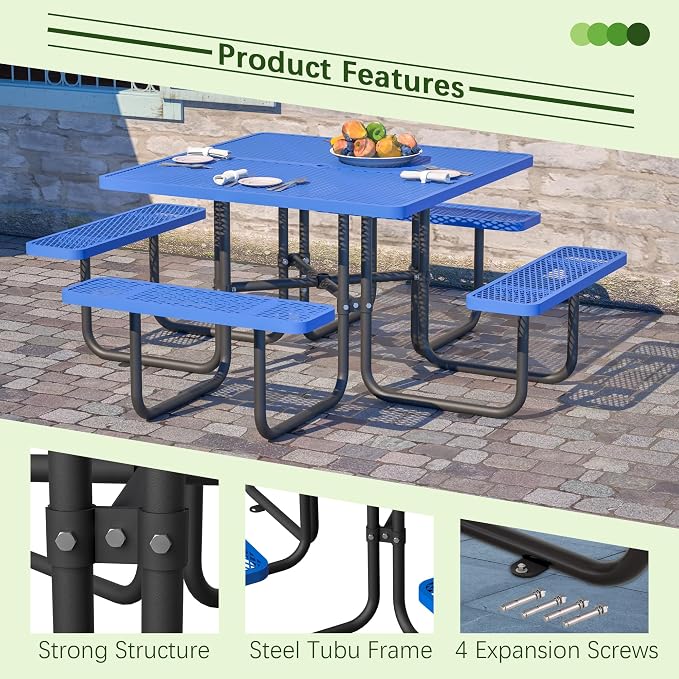 46'' Heavy Duty Outdoor Picnic Table - Commercial Grade Square Steel Picnic Table Set, Umbrella Hole, Rust-Resistant Metal Mesh Tabletop for Patio, Garden, Park, BBQ - Blue