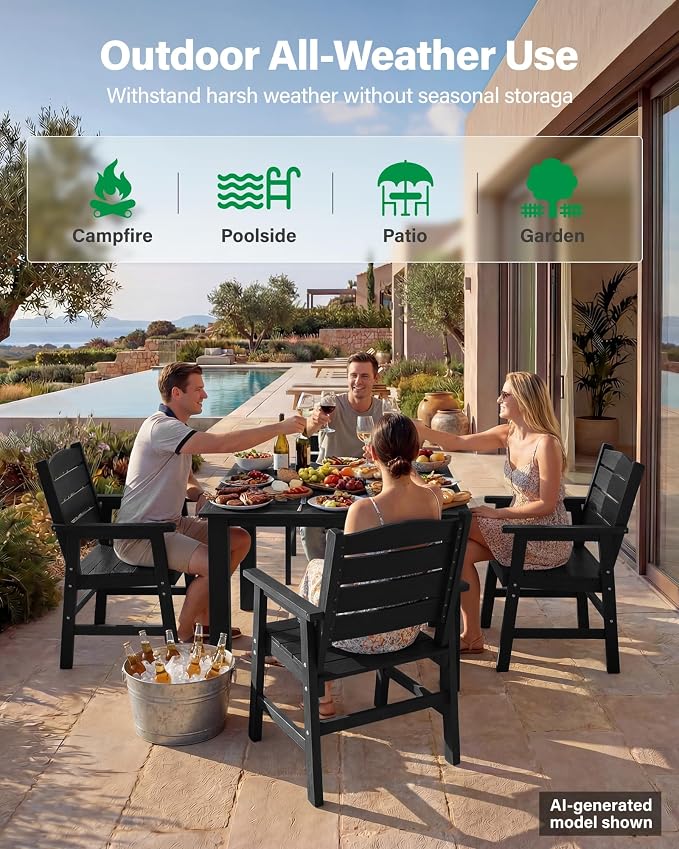 YEFU HIPS Patio Dining Set for 6 : Modern Outdoor Table and Chairs Easy Clean Outdoor Dining Set - 8-Piece Waterproof All-Weather Easy Assembly Furniture for Backyard Garden Deck（Black）