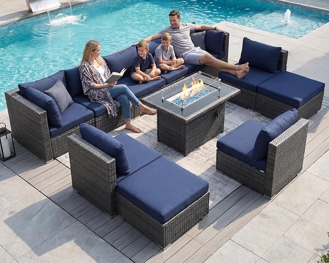 NICESOUL 11 Piece High-End Outdoor Furniture Set, 29.3'' High Back Big Size Wicker Patio Sectional, Wide Deep Comfy Conversation Sofas for Garden Deck Backyard Porch, 2 Color Cushion Navy & Grey