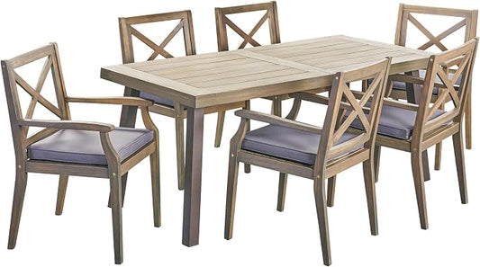 Christopher Knight Home Justin Outdoor 7 Piece Acacia Wood Dining Set, Teak, Gray Finish/Rustic Metal/Dark Gray