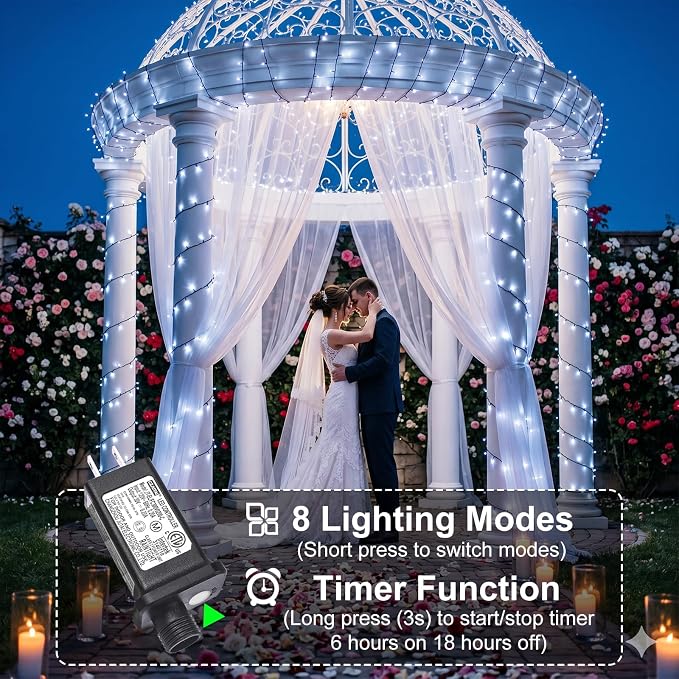 White Christmas Lights Outdoor, 66FT 200 LED Christmas Tree Lights | Waterproof 8 Modes Plug in Connectable String Lights for Outside Bedroom House Patio Garden Party Wedding Decorations