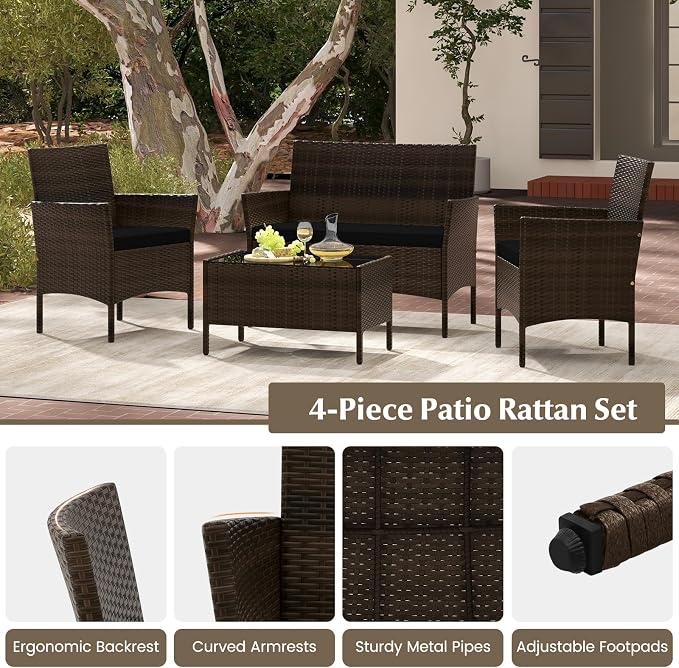 Tangkula 4 Piece Patio Rattan Conversation Set, Outdoor Wicker Furniture Set with Chair, Loveseat & Tempered Glass Table, Cozy Seat Cushions, Outside Sectional Sofa Set for Backyard, Porch (1,Black)