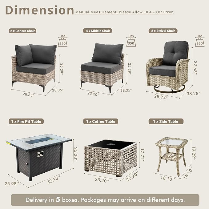 11 Pieces Patio Sectional Furniture Set, Outdoor Wicker Sectional Couch with Firepit Swivel Rocker Chairs Solar Lights Table, Modern Conversation Set for Porch Balcony Backyard, Black