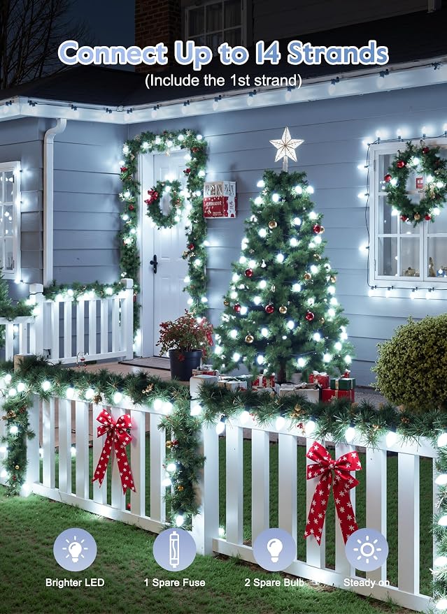 Vintage C9 Christmas Lights Outdoor, 100Ft 50 LED Pure White String Lights | Waterproof Shatterproof Connectable Christmas Tree Lights for House Outside Roofline Patio Yard Home Xmas Decorations