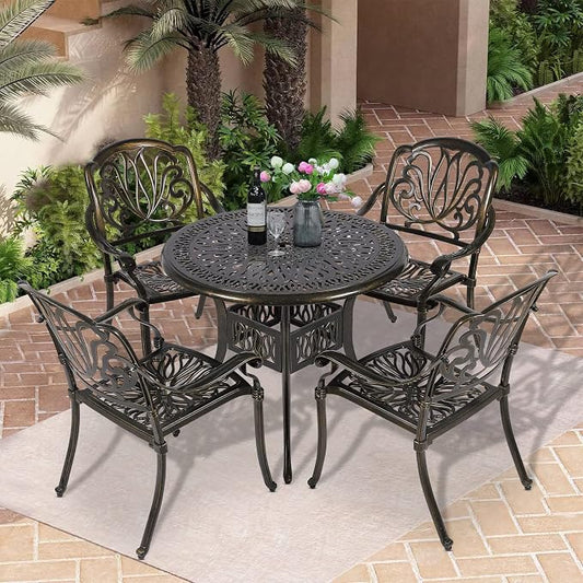 5-Piece Outdoor Patio Dining Set, All-Weather Cast Aluminum Patio Table Set, Include 4 Chairs and a 35.4 inch Round Table w/Umbrella Hole for Balcony Garden Backyard