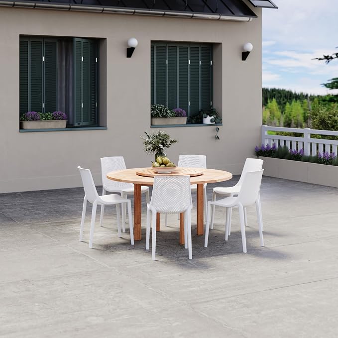 Urban Elements Melbourne 7-Piece Patio Furniture Set | Teak Finish 100% FSC Eucalyptus Wood | Backyard Furniture, Outside Table and Chairs, Round Outdoor Dining Set, White