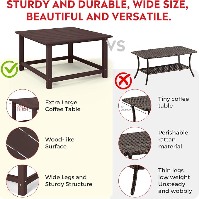 Costaelm Patio Conversation Set, 5 piece Balcony Furniture, Small Patio Firepit Furniture Outdoor Adirondack Square Coffee Table and Chair for Backyard Lawn Porch Pool Garden, Dark Brown
