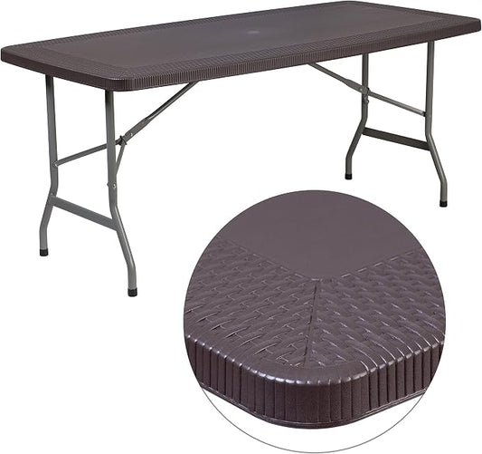 Flash Furniture Elon 5.62-Foot Brown Rattan Indoor-Outdoor Plastic Folding Table with Umbrella Hole
