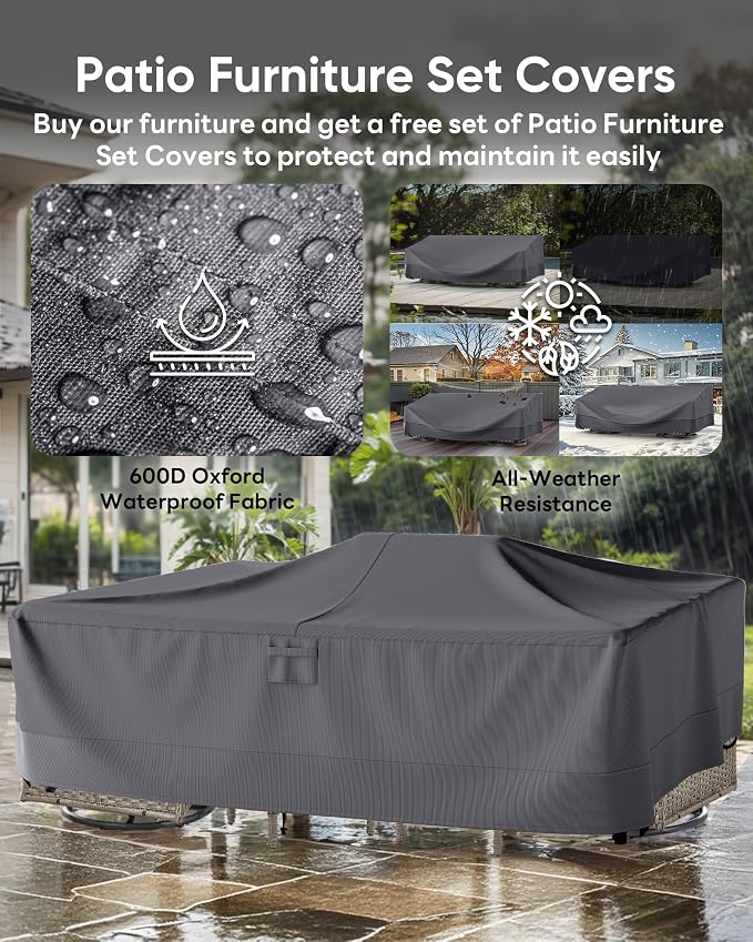 5 Pieces Outdoor Wicker Patio Furniture Set-High Back Outdoor Rocking Chairs Set of 2 with Ottoman Patio Conversation Sets for Deck Lawn Porch Balcony Poolside-Grey/Red