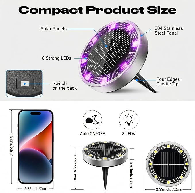 Solar Ground Lights Outdoor, 12 Pack Flat Solar Powered Disc Lights, IP68 Waterproof, Anti-Rust, Landscape Lighting for Pathway Garden Yard Lawn Walkway Landscape Driveway, Purple