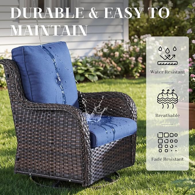 Rilyson Wicker Rocking Chair Swivel Chairs - 3 Piece Rocker Patio Furniture Set Rattan Rocking Bistro Sets with Glass Top Side Table for Outdoor Porch Deck Garden Backyard (Brown/Blue)