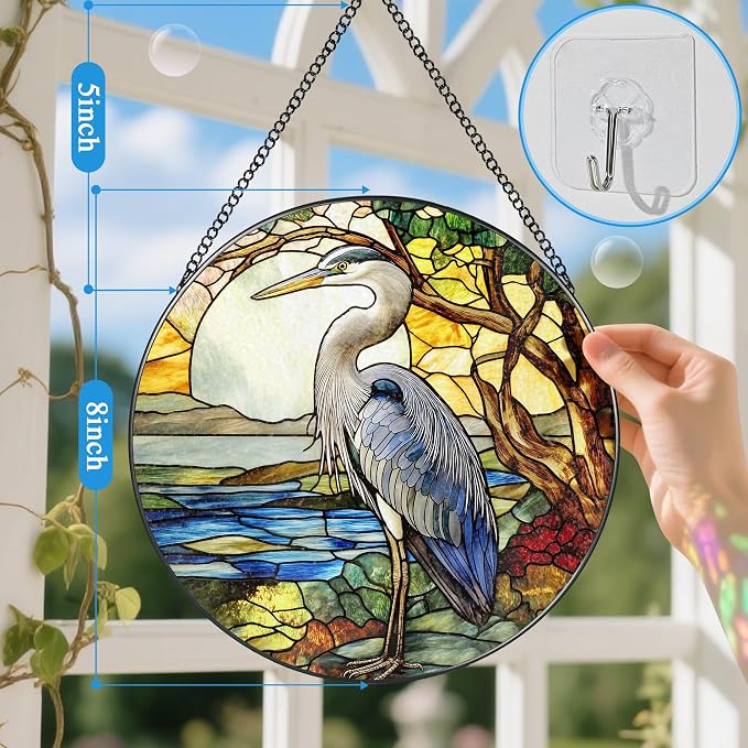 Stained Glass Window Hanging, 8 Inch Blue Heron Suncatcher Ornament, Stained Glass Suncatchers for Windows Hanging, Christmas, Mother's Day, Birthday, Bird Lover Gifts for Mom, Grandma, Women & Men