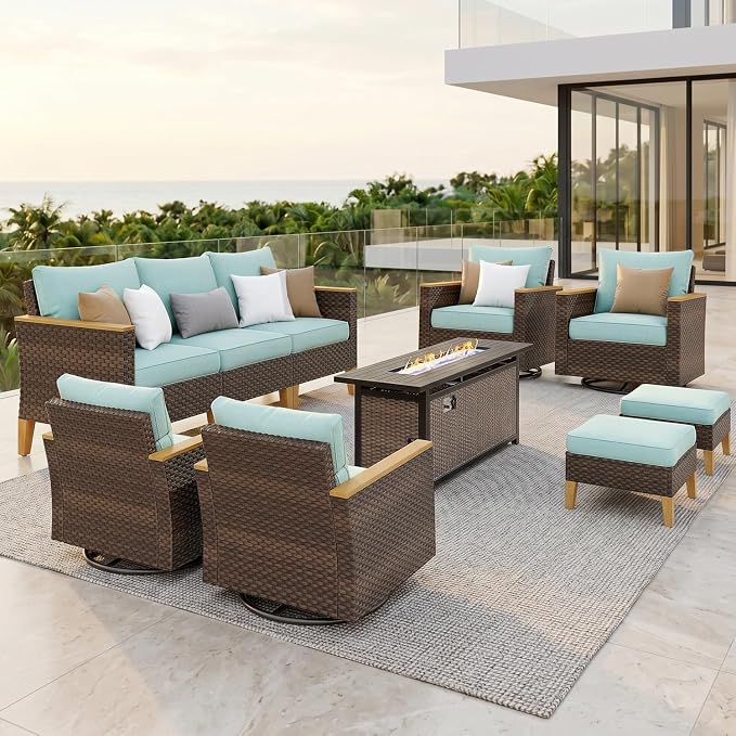 PHI VILLA Wicker Patio Furniture Set with Swivel Chairs, 10 Pieces Outdoor Conversations Set with 56" Fire Pit Table, Oversized Rattan Patio Sectional Sofa with Ottoman, Aqua Blue Cushion