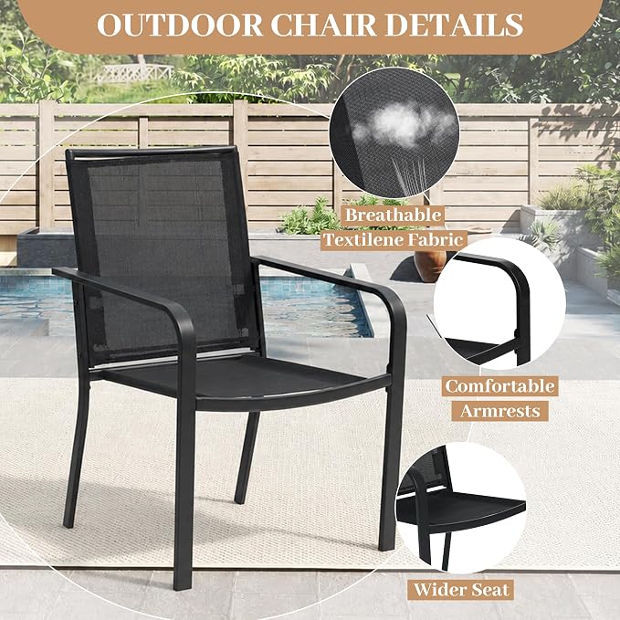 Anmutig 5 Piece Patio Dining Set, Outdoor Black Stackable Chairs and 35" Square Metal Patio Table with 1.57" Umbrella Hole for Garden Backyard Deck, Black