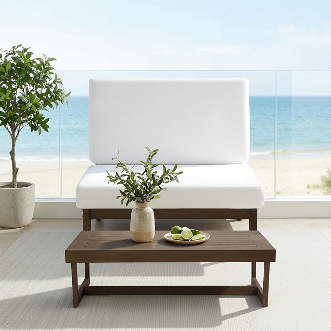 Outdoor Furniture Patio Couch, Weather Resistant Patio Loveseat Sofa Couch with Removable Cushion, Teak Wood Frame for Porch & Backyard Seating - Beige