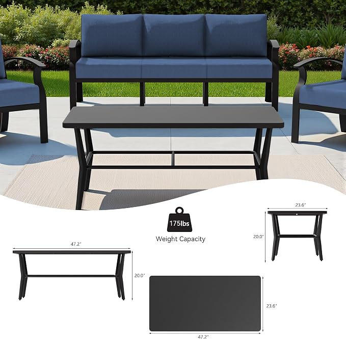 Aluminum Outdoor Patio Furniture Set,5 Seats Patio Conversation Sets with Rectangular Coffee Table,Metal Patio Sectional Furniture Set with 5.1" Thickened Cushions,Navy Blue