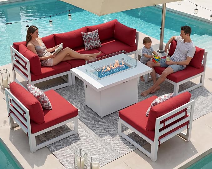 RADIATA 7 Pcs Modern Aluminum Outdoor Patio Furniture Set with Fire Pit Table Propane/Gas, Extra Large All-Weather Modular Sectional Couch, 29 inch Wide Deep Seating Conversation Sofa for Outside, Red