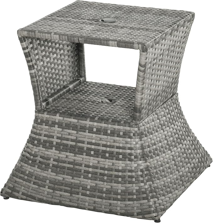 Outdoor Side Table with 1.5" Umbrella Hole, 16.9" Square, 2 Tier Rattan Wicker End Table with Storage Shelf, Lightweight PE Rattan Patio Table for Garden Poolside