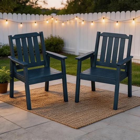 Takywep 23.9” Wide HDPE Patio Dining Chairs Set of 2, 650LBS Capacity All-Weather Yard Armchair with Slatted Seat, Heavy Duty Modern Backyard Furniture for Garden, Poolside, Deck, Blue