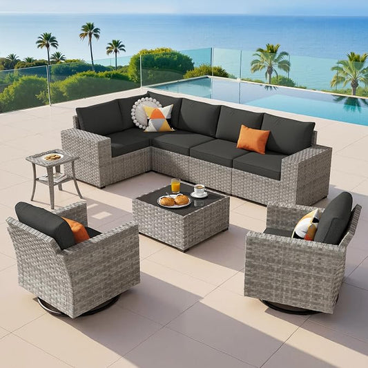 9-Piece Patio Furniture Set, Outdoor Wicker Furniture Sectional Set with Coffee Table, High Back Swivel Rocker Patio Chairs, Modern Rattan Outdoor Conversation Set for Porch, Balcony, Garden, Black