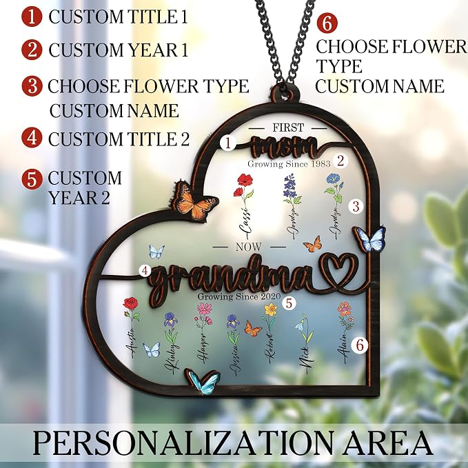Personalized for Grandma - Birth Flower Grandma's Garden Window Hanging Suncatcher - Mother's Day, Custom Stained Glass Gift for Mom (Grandma's Garden)