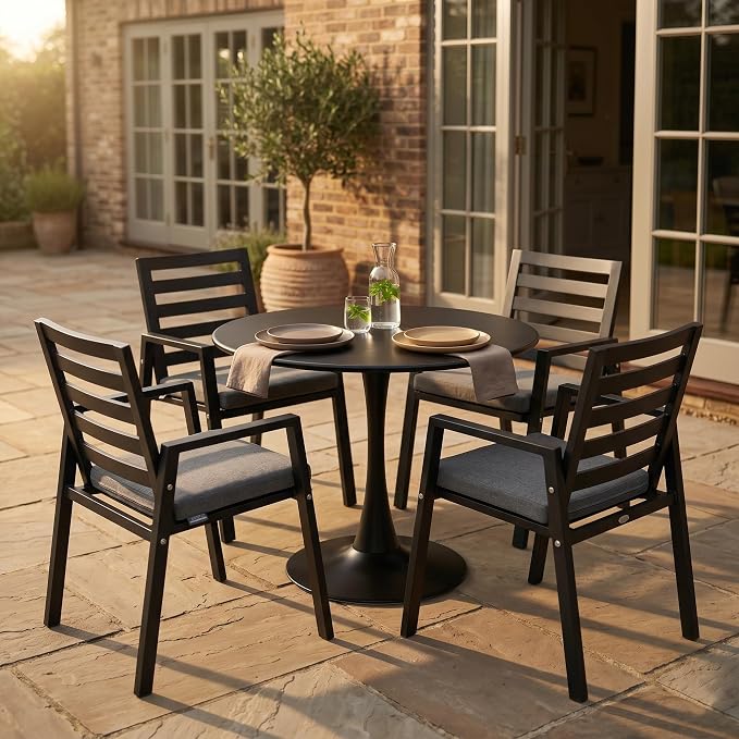 LeisureMod Bello 35" Round Outdoor Dining Table, Modern Black Metal Patio Bistro Table with Pedestal Base, Weather-Resistant Accent Table for Balcony, Garden, Deck, Backyard & Cafe, Black