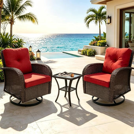 JJMGJOY Outdoor Swivel Rocker Patio Chairs 3 Pieces，Swivel Patio Chairs with Cushions，Outdoor Swivel Rocking Chairs Set of 2 with Rattan Side Table，Patio Furniture Set for Outside Porch Deck