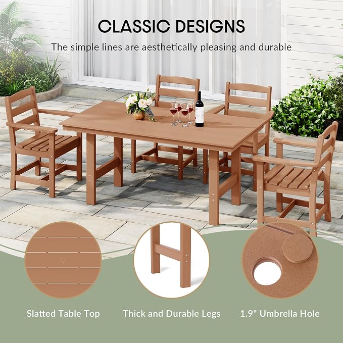 WestinTrends Ashore Outdoor Modern HDPE 66" Wide Rectangle Patio Dining Table for 6, Teak